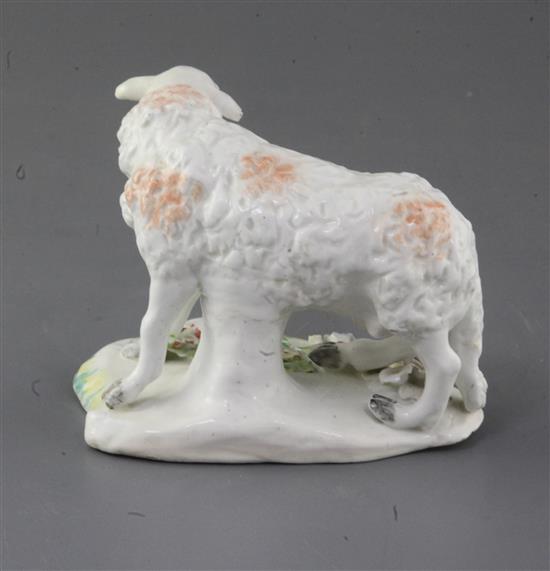 An early Derby Pale family figure of a ewe, c.1756, l. 13cm, restoration